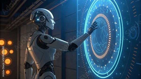 Fototapeta A humanoid robot interacts with a futuristic interface with glowing circular elements around the screen