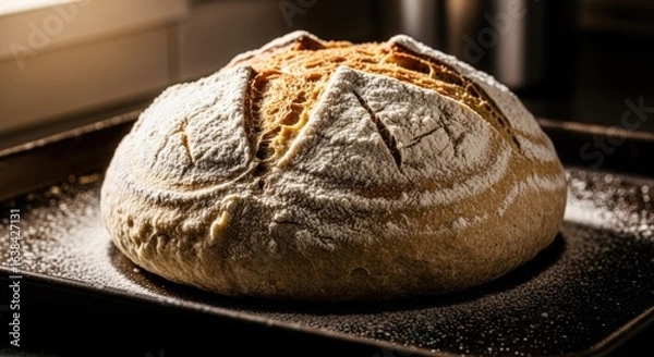 Fototapeta Freshly baked artisan bread on a dark metal baking sheet, dusted with flour.  A round loaf, light golden-brown crust with visible cuts, sits on a dark metal pan