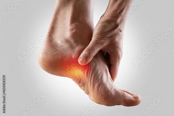 Fototapeta Heel Pain and Plantar Fasciitis Concept with Hand Holding Foot with Red Highlighted Pain Area