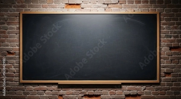 Fototapeta Empty chalkboard on a brick wall