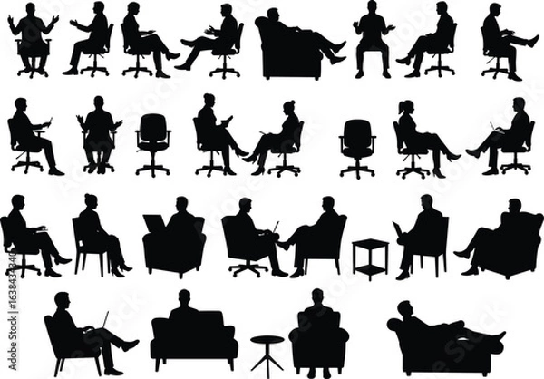 Obraz Silhouettes of people sitting on chairs and sofas, office and home seating, relaxed posture, casual sitting, professional and casual workspace, black and white vector