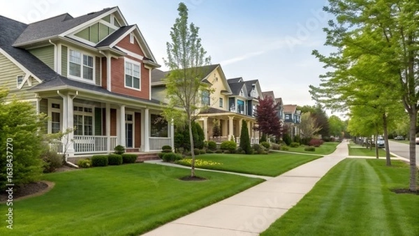 Fototapeta A row of suburban houses with green lawns and a sidewalk under a bright blue sky on a sunny day