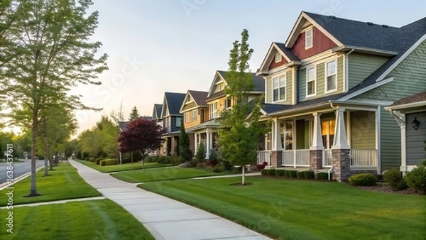 Fototapeta A residential street with well manicured lawns and sidewalks lined with trees and colorful houses