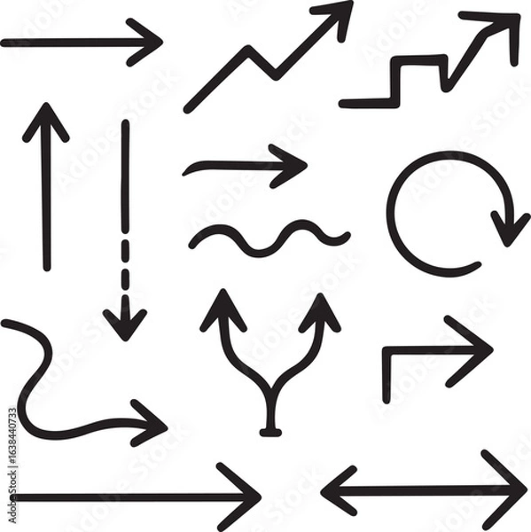 Fototapeta Arrows Set: A diverse collection of hand-drawn arrows, each pointing in a different direction, perfect for conveying movement, direction, or strategic planning in a modern design.