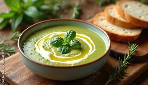 Obraz Creamy green asparagus soup with fresh basil garnish, served with crusty bread on a rustic wooden table. This homemade vegetarian meal is warm, appetising, and nutritious, perfect for lunch or dinner.