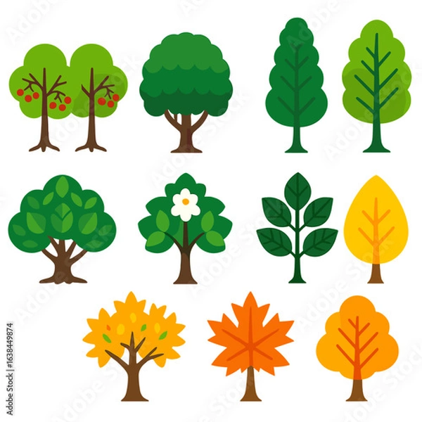 Obraz Vibrant Tree Icons. Flat vector icons of deciduous trees: twin rowan trees with berries, round-top hornbeam, wide hazel with