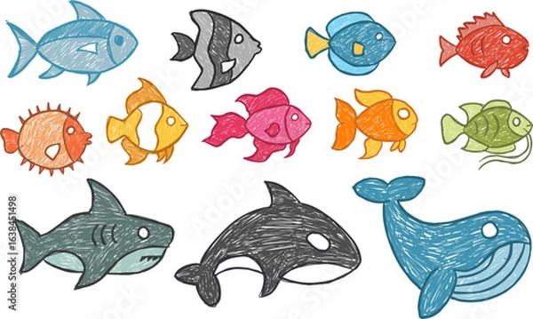 Fototapeta Crayon fish kid style set. Childish pastel colorful fish, shark, whale, orca. Vector children scribbles
