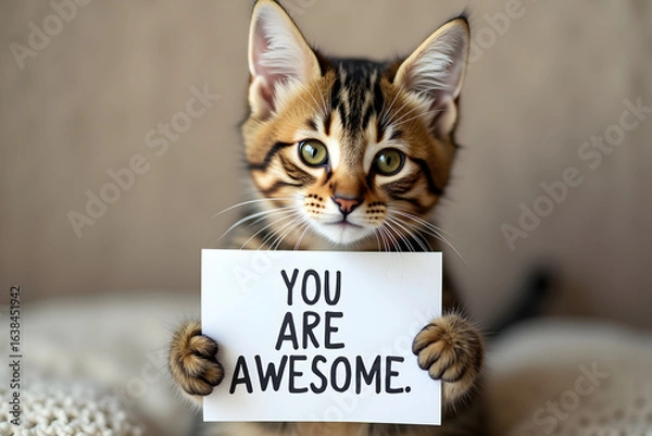 Fototapeta a close-up portrait of a cat with big green eyes, holding a white sign that says "YOU ARE AWESOME", detailed facial features, high-quality, highly realistic, 8k, studio lighting