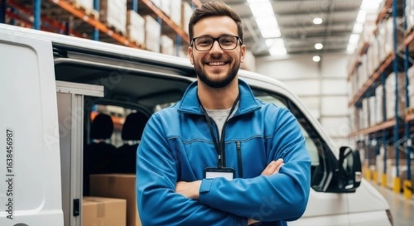 Fototapeta Smiling delivery man, ready to deliver packages. The man is standing in front of his van, smiling confidently, and surrounded by shipping boxes, in a warehouse environment. 