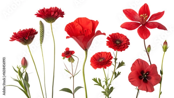 Obraz Selection of various red flowers isolated on white background PNG. AI GENERATED.  
