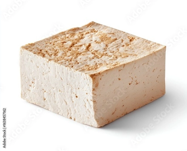 Fototapeta Single block of firm tofu, light beige color with subtle tan speckles,  cube shape, isolated on white background