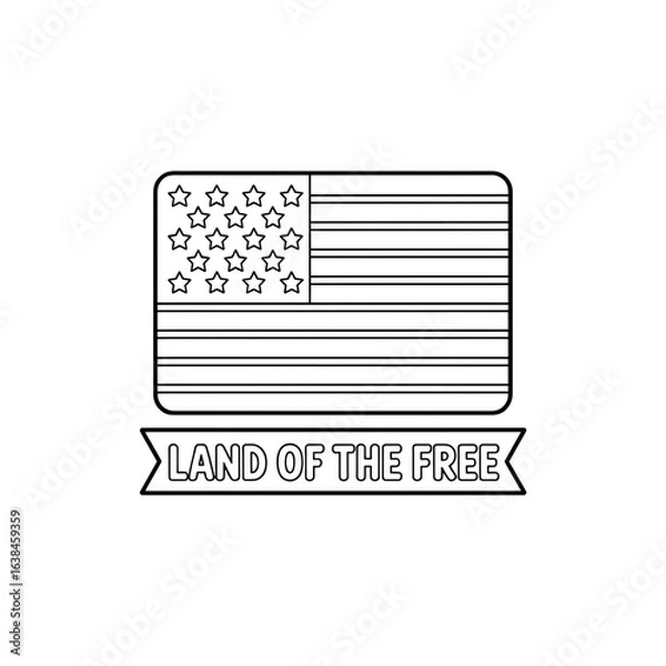 Fototapeta American Flag Line Art with "Land of the Free" Banner - Patriotic Graphic Design Element