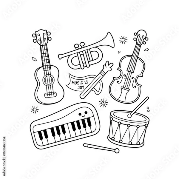 Fototapeta Musical Instruments Sparkle Illustration Joyful Collection of Guitars, Violin, Trumpet, Keyboard,