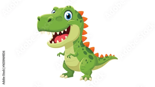 Obraz Cheerful Cartoon Dinosaur: A vibrant and friendly cartoon dinosaur stands with a welcoming grin, embodying the joy and wonder of prehistoric creatures in a bright, eye-catching illustration.