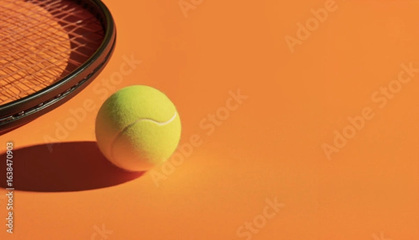 Obraz Close up tennis ball near black racket on bright orange background, minimal sport concept, fitness inspiration, professional match symbol, healthy activity, copy space, selective focus

