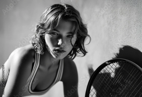 Obraz Black and white portrait of female tennis player with intense gaze, holding racket, sports lifestyle concept, determination, athletic strength, professional competition mood, selective focus

