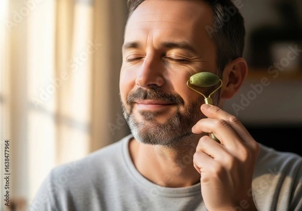 Fototapeta Man using jade face roller for skincare and relaxation