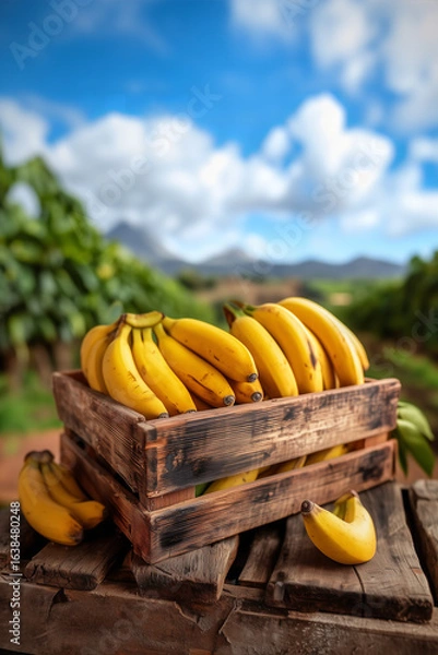 Obraz A rustic wooden crate filled with ripe bananas fruit against a blue sky countryside background.