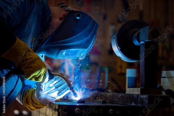 Fototapeta Man with welding mask in safety suit with gloves welds steel in home workshop. Welding flame with sparks. Dangerous work