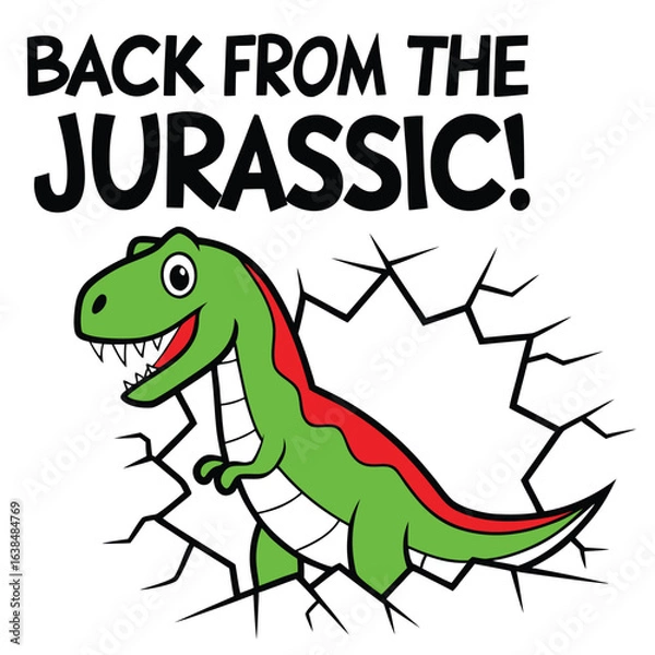 Fototapeta The cartoon green dinosaur emerging from the cracks is back from the Jurassic