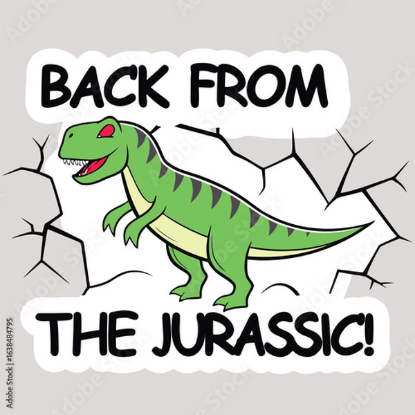 Fototapeta Cartoon green dinosaur appears breaking through cracked wall with Jurassic text, transparent background