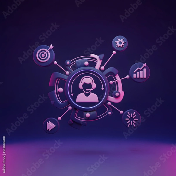 Fototapeta 3D Render of Customer Service Icon with Business and Tech Symbols on Dark Background
