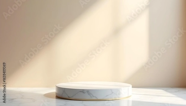 Fototapeta A sleek white marble podium with subtle gold trim, Luxury display stage for premium product presentation