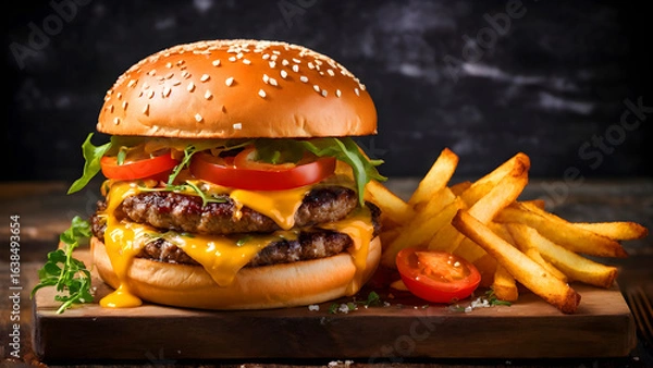 Obraz Juicy double cheeseburger with melted cheese, fresh tomato, and lettuce served with golden french fries. A delicious and satisfying meal!