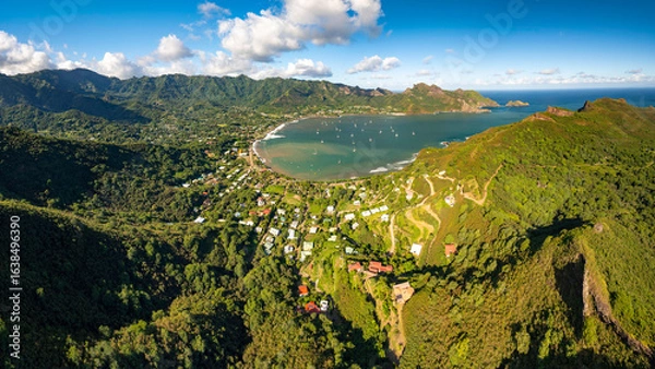 Fototapeta Magnificent aerial view of the bottom of the HANE and HOKATU valleys on the island of UA HUKA in the Marquesas archipelago in French Polynesia