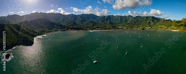 Fototapeta Magnificent aerial view of the bottom of the HANE and HOKATU valleys on the island of UA HUKA in the Marquesas archipelago in French Polynesia