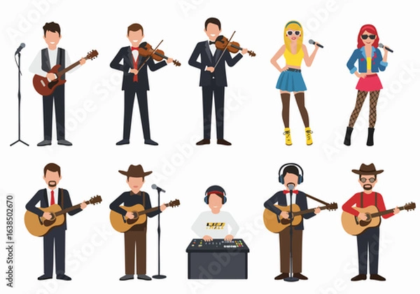 Fototapeta Diverse Cartoon Characters: Musicians and Singers Performing with Various Instruments