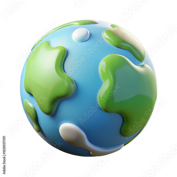 Fototapeta Glossy Blue and Green Plastic Planet Icon with Simplified Landmass Design on Transparent Background