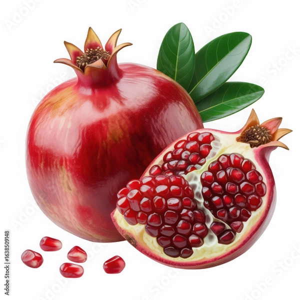 Fototapeta  ripe pomegranate and seeds isolated on white and transparent background.