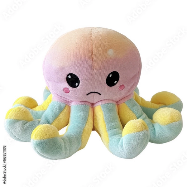 Fototapeta Playful Octopus Plush Toy: A soft, reversible plush octopus displays opposing cheerful and grumpy expressions with contrasting vibrant pastel colors, offering a tactile and emotional exploration.