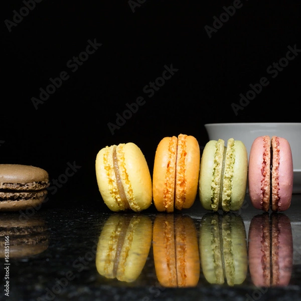 Fototapeta Square Composition of Five (5) French Macarons and a Tea Cup