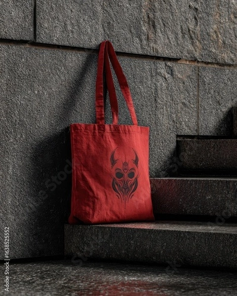 Fototapeta Red tote bag, urban steps, graphic design.  Possible use product display