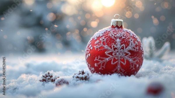 Fototapeta Red holiday ornament with frosty snowflake design rests in the snow with pine cones and glowing background.