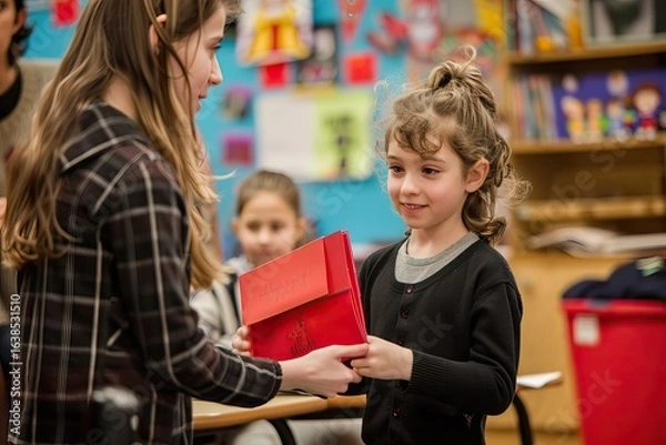Fototapeta Teacher handing red present to smiling student in classroom. back to school