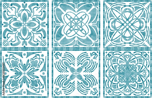 Fototapeta six tiles with blue watercolor patterns