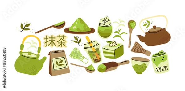 Fototapeta Matcha stickers set. Matcha bowls, whisks, tea pots, brewing tools, matcha latte, tea leaves. Hand drawn minimalist doodles, colorful retro icons. Matcha lovers collection.