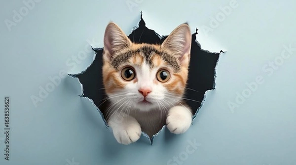 Fototapeta adorable cute lovely kitten peeking through torn paper with big eyes