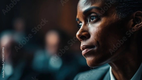 Fototapeta Focused woman listens attentively during a pivotal courtroom session with intense human emotions on display