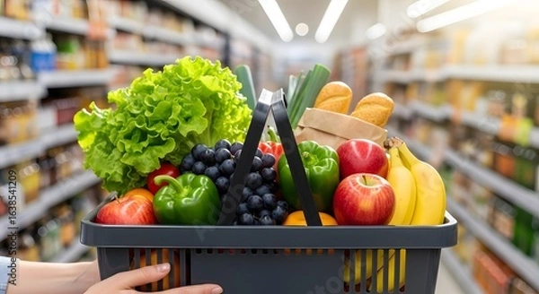 Fototapeta A shopper holds a grocery basket overflowing with fresh produce and bread in a supermarket aisle.