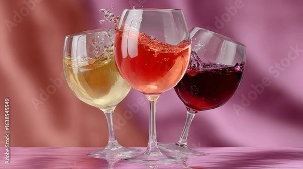 Fototapeta Three wine glasses with different colored wine in them. The glasses are on a table with a pink background