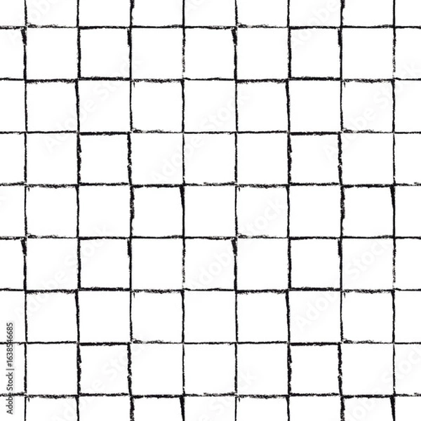 Fototapeta Seamless minimalist grid pattern. Hand-drawn black squares with oil pastel texture. Rustic and simple design.