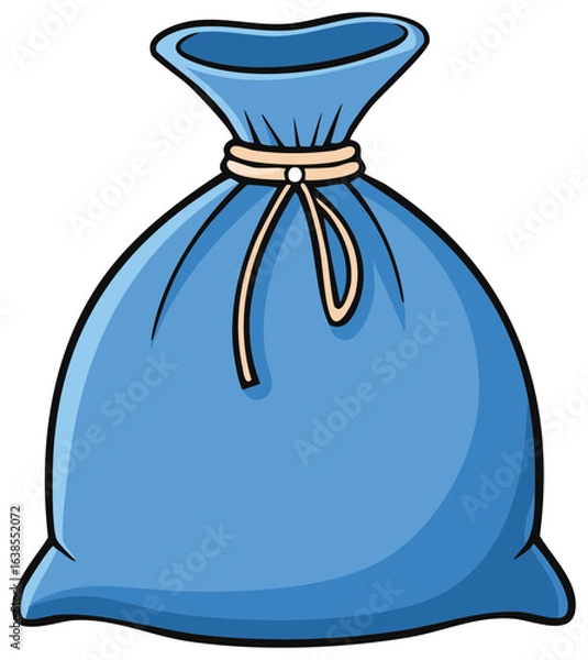Fototapeta Cartoon illustration of blue sack tied with rope, concept of storage or holiday bag, container with blank space.
