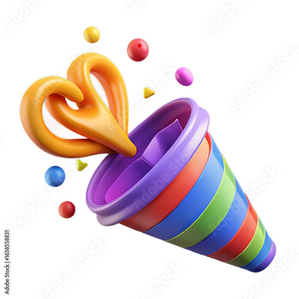 Fototapeta Vibrant Glossy Plastic 3D Party Popper with Spiraling Confetti and Heart Icon on Transparent Background