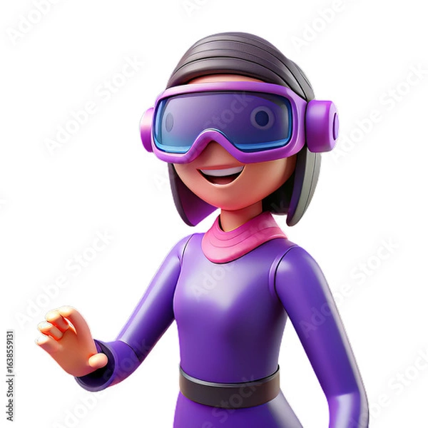 Fototapeta Purple Glossy Plastic 3D Female Character with Virtual Headset and Expressive Stance on Transparent Background
