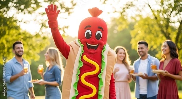 Obraz : A lively and cheerful photo of a person dressed as a detailed, smiling hot dog mascot, enthusiastically waving at a camera during an outdoor barbecue. The background is filled with blurry