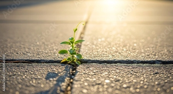 Obraz A serene and poetic photo of a single, small green plant with a new sprout, growing determinedly from a crack in a concrete sidewalk. The sun is shining brightly on the plant, symbolizing resilience